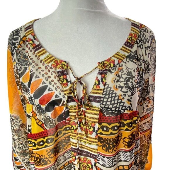 FIG & FLOWER Anthropologie Pullover V Neck Blouse Multicolor Orange L 81-14 - Picture 3 of 14